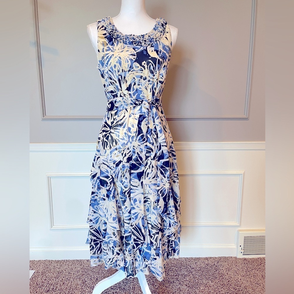 Dressbarn Y2K midi belted sleeveless 10 ruffle flounce blue ivory butter dress